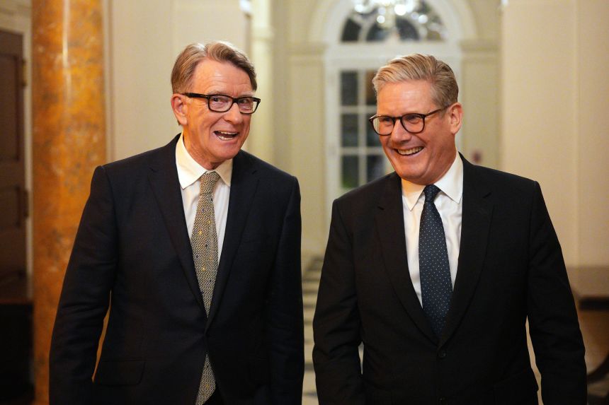 Peter Mandelson speaks with Prime Minister Keir Starmer during a welcome reception at the British ambassador's residence in Washington, DC, in February 2025.