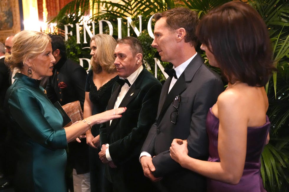 windsor, england january 28: sophie, duchess of edinburgh speaks to jools holland, benedict cumberbatch and sophie hunter in the grand reception room after they attended the premiere of prime videos finding harmony: a kings vision, at windsor castle on january 28, 2026 in windsor, england. the documentary outlines charles philosophy of harmony, which encourages people to see themselves as part of nature, not apart from nature, and will be available on prime video from friday february 6. (photo by jonathan brady pool/getty images)