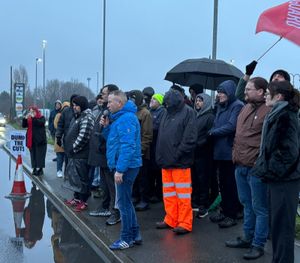 The bins strike 'megapicket' at the Perry Barr depot in Birmingham on Friday, January 30. Unite member Mike Masters addresses the crowd. Credit: Alexander Brock. Permission for use for all LDRS partners.