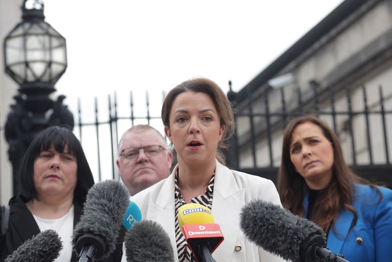 Infrastructure Minister Liz Kimmins speaks to the media following the judgment  against the long-delayed A5 road project going ahead in its current form, upholding a legal challenge taken by a group of landowners.
PICTURE COLM LENAGHAN