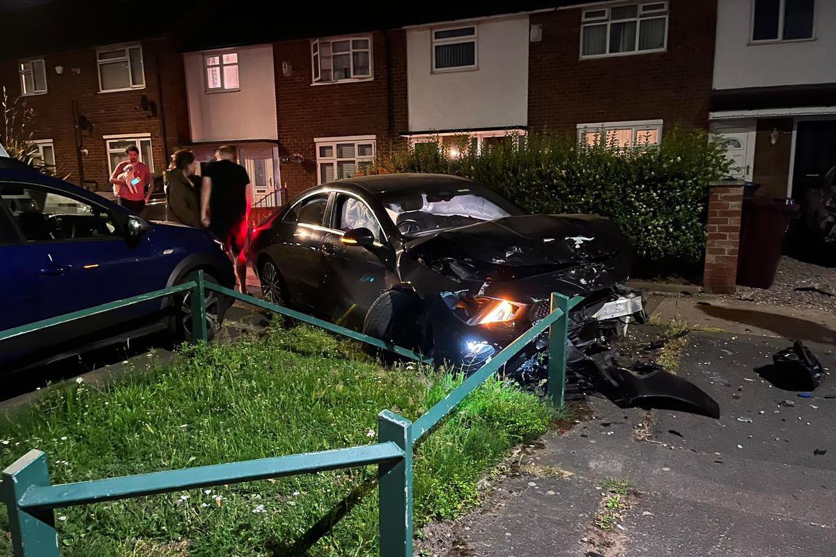 A Mercedes crashed into a van and wall in Halewood in the early hours of Saturday