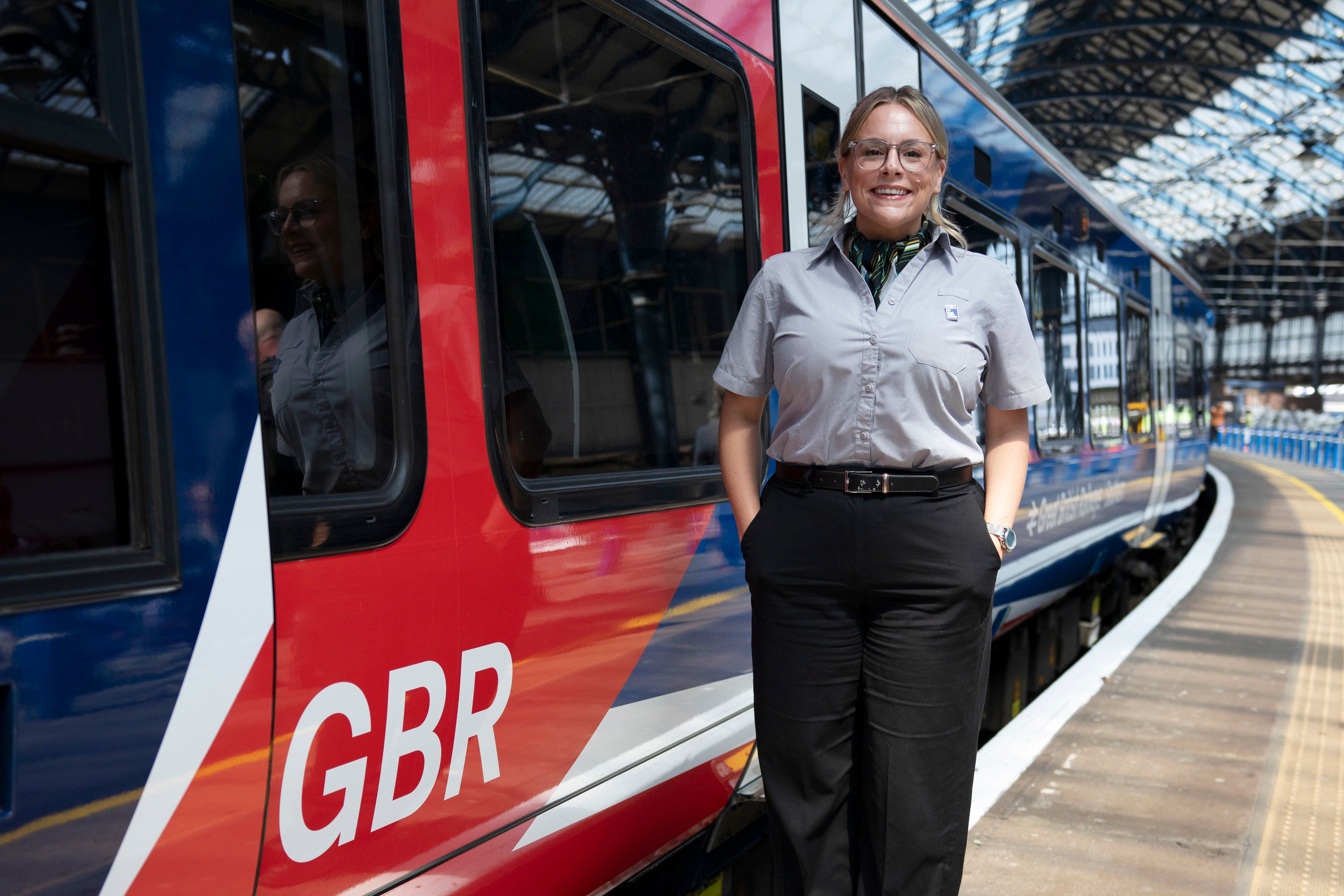 Train driver Kate Wilcox poses at Brighton Station on 21 May 2026 in Brighton, England