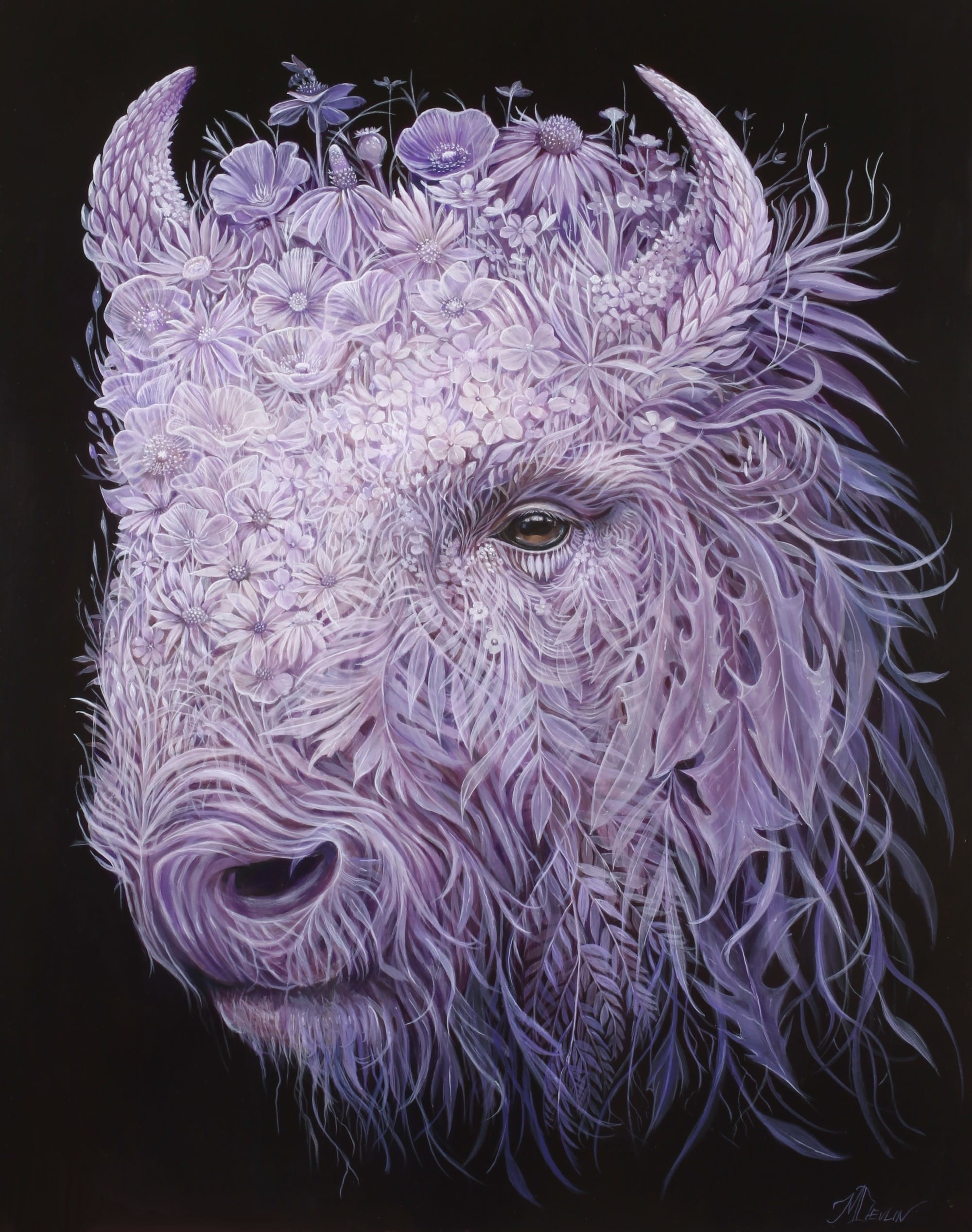 an acrylic painting of a bison's head composed of ghostly, pink flora