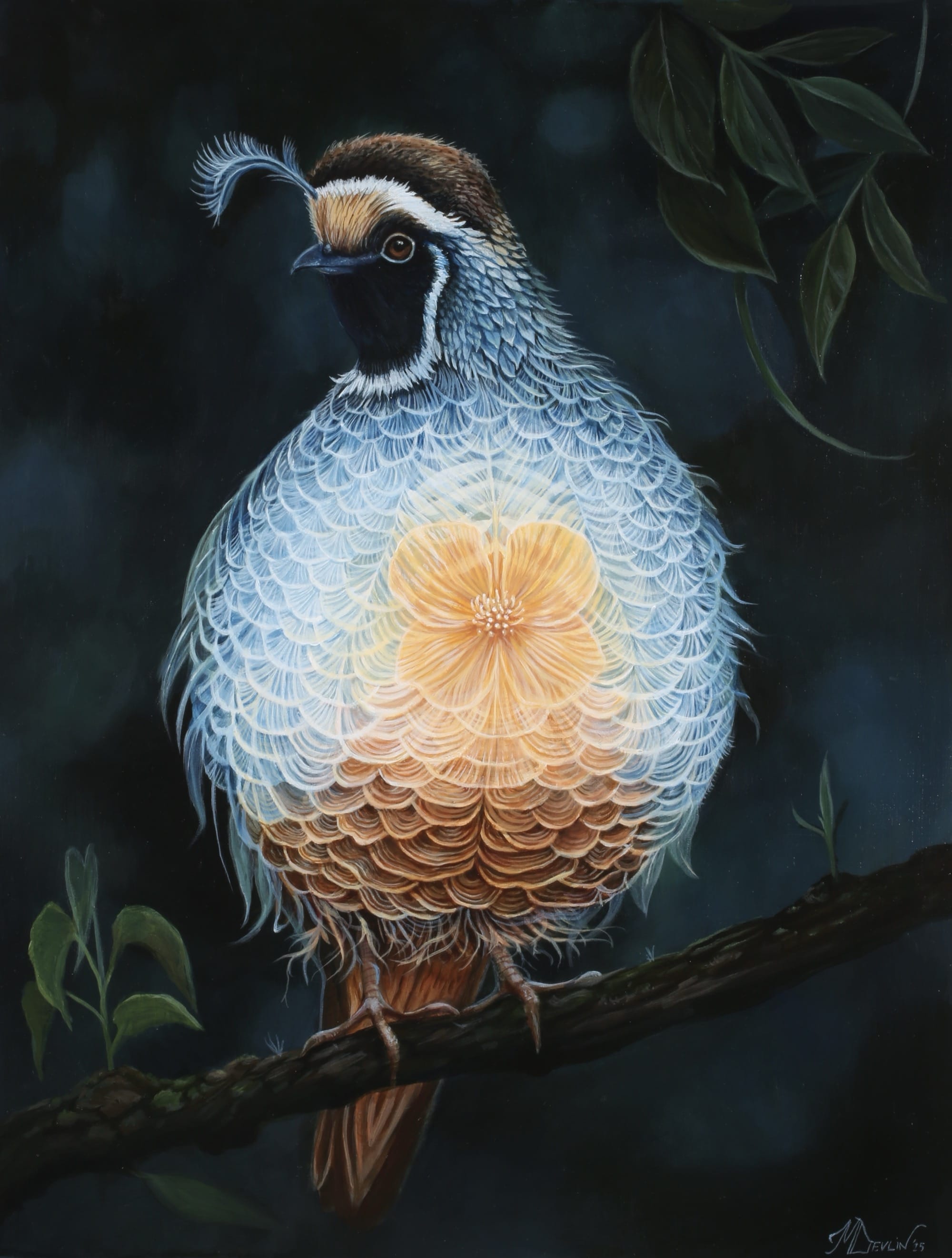 an acrylic painting of a glowing quail perched on a branch