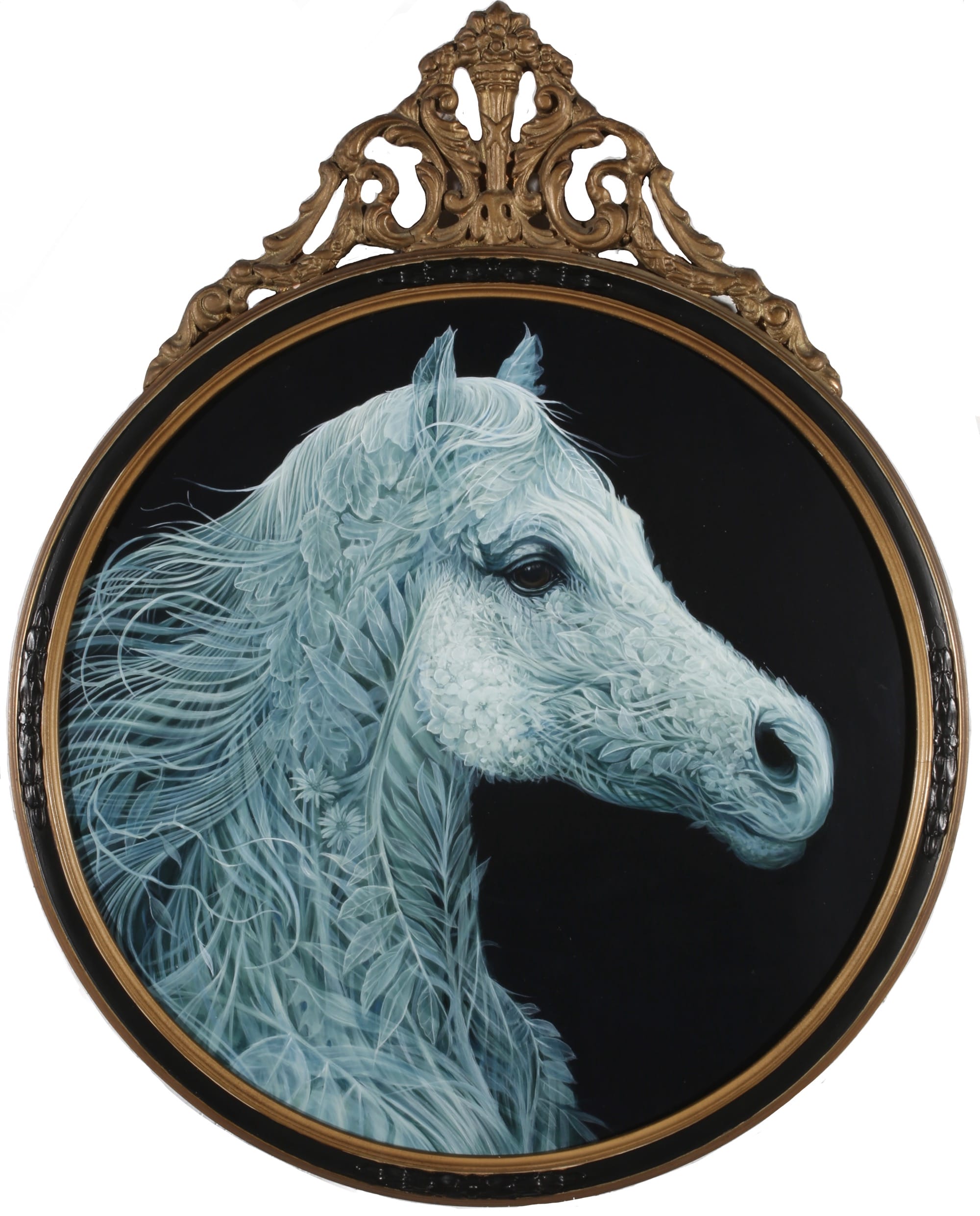an acrylic painting of a horse in a circular, ornate frame, with a body and mane composed of ghostly ferns and leaves