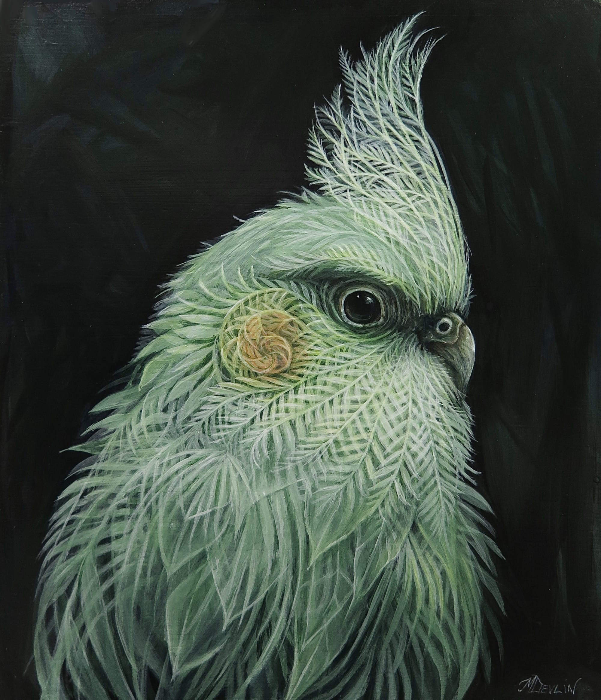 an acrylic painting of a parakeet, with feathers the resemble ghostly ferns and leaves