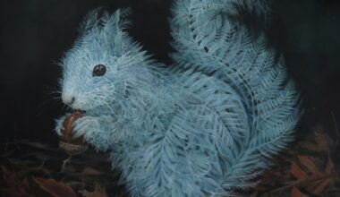 an acrylic painting of a squirrel eating a nut, with a body made of ghostly plants