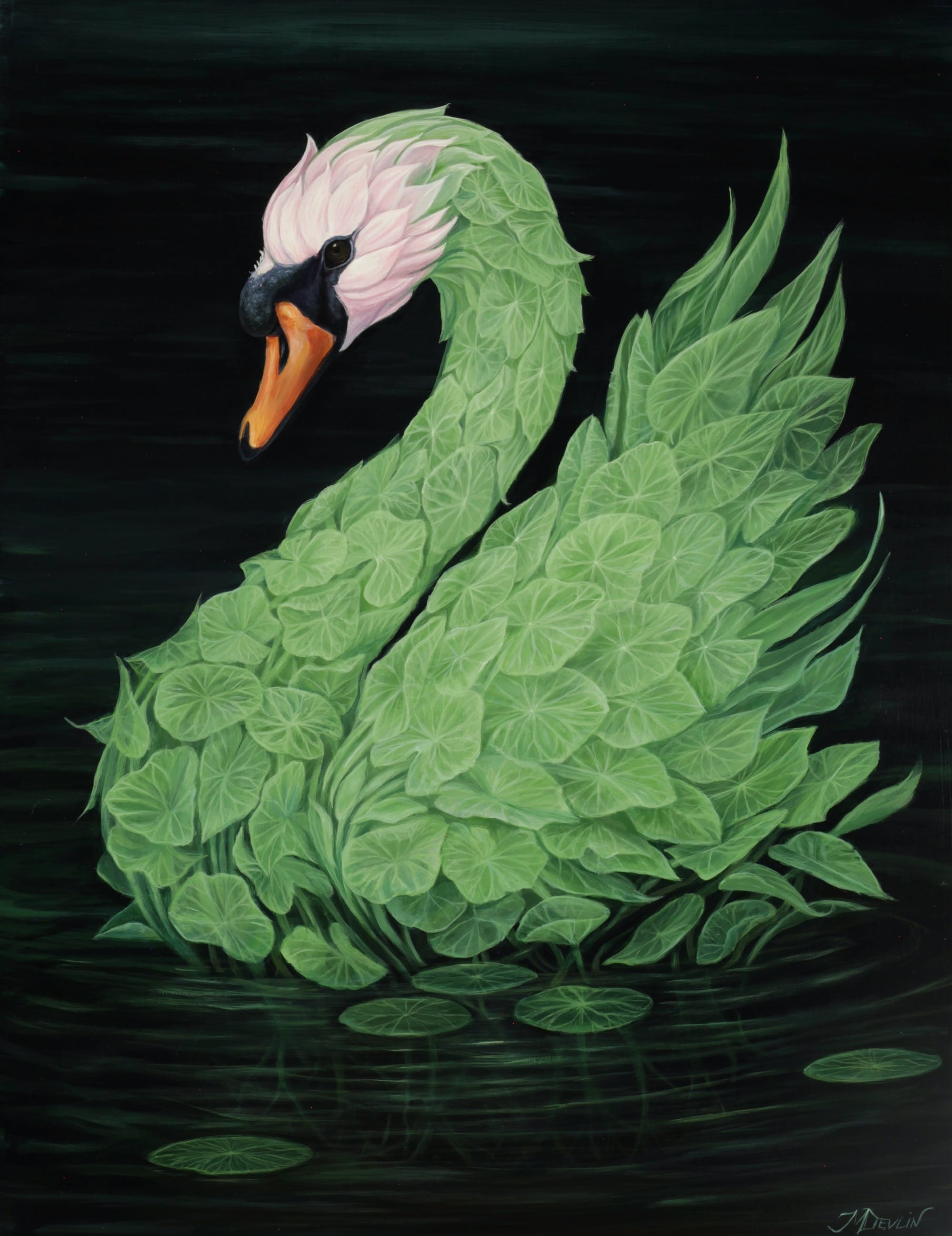 an acrylic painting of a swan with a body composed of green leaves