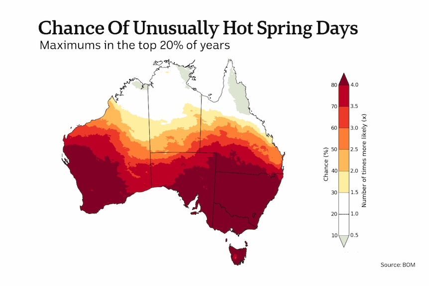 A heat map of Australia showing red, orange and yellow colours to indicate temperature.