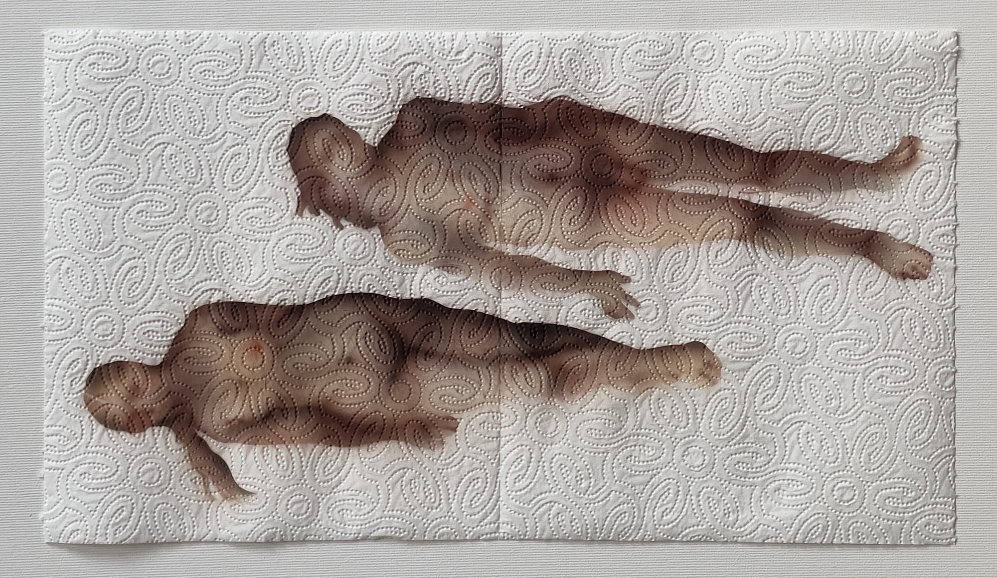 two small painted female figures inspired by classical paintings on two sheets of paper towel