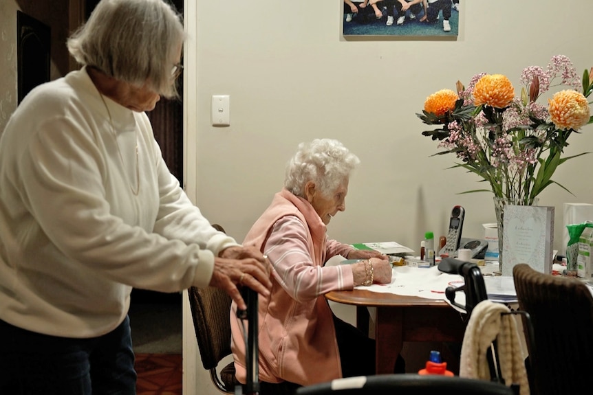 An elderly woman with grey hair sits at a table while a middle-aged woman, standing, looks at her.