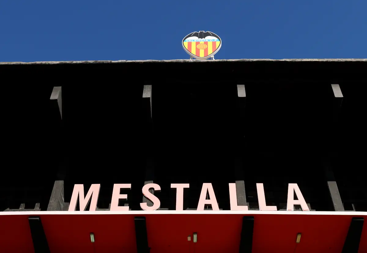 Valencia's stadium seen from the outside with the club badge visible
