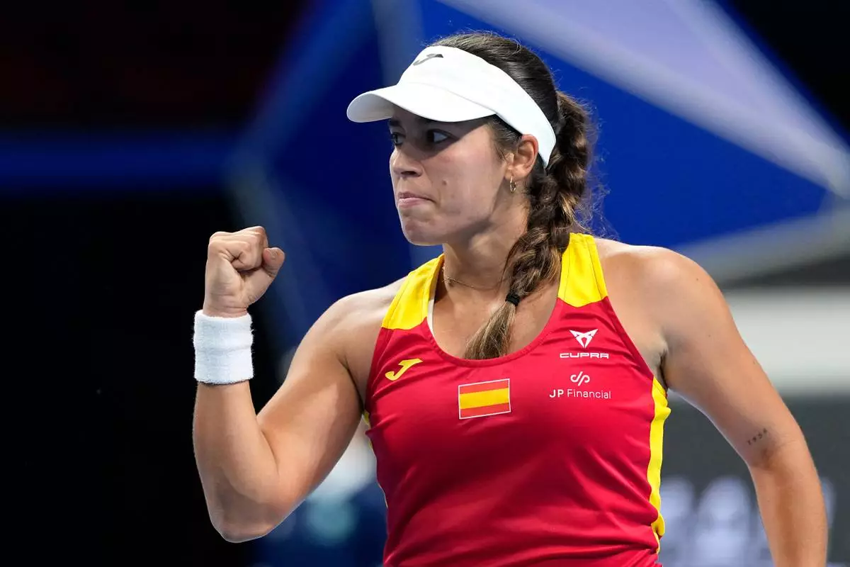 Spain's Jéssica Bouzas Maneiro reacts during play against Kazakhstan's Sonja Zhiyenbayeva in a quarterfinal match for the Billie Jean King Cup held in Shenzhen in southern China's Guangdong province, Wednesday, Sept. 23, 2026. (AP Photo/Andy Wong)