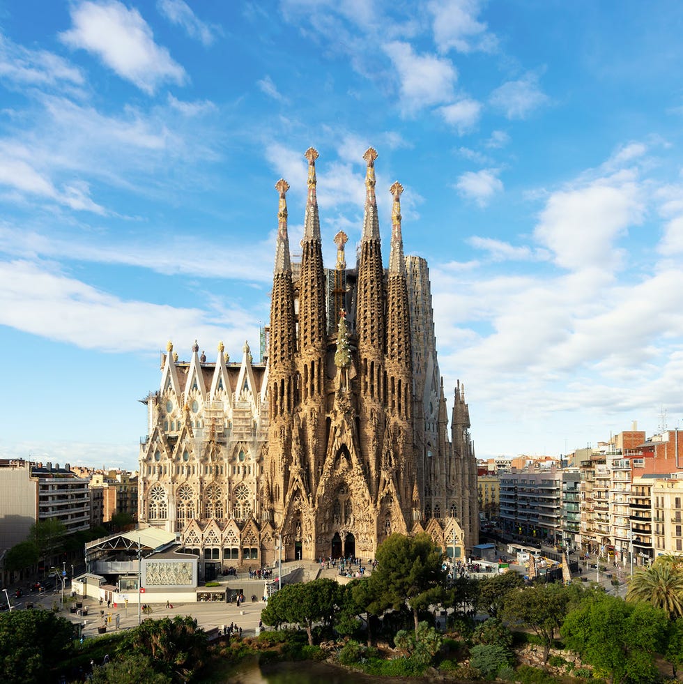 aerial view of the sagrada familia, a large roman catholic church in barcelona, spain, designed by catalan architect antoni gaudi.