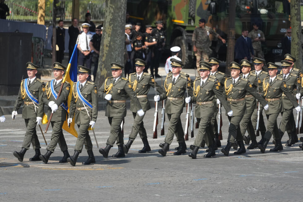 Ukrainian soldiers march during the Bastille Day military parade in Paris on July 14, 2026