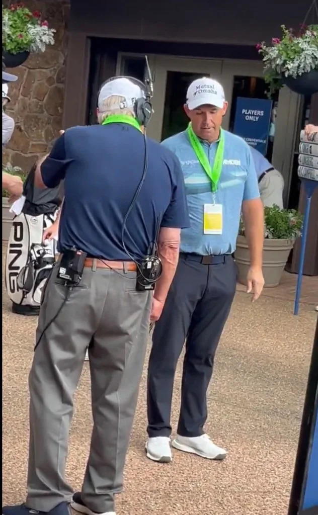 Padraig Harrington going at it with NBC on-course analyst Roger Maltbie. Brett Forrest/X