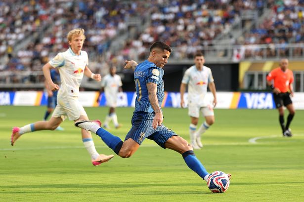 WASHINGTON, DC - JUNE 22: Joao Cancelo #20 of Al Hilal crosses the ball during the FIFA Club World Cup 2025 group H match between FC Red Bull Salzburg and Al Hilal at Audi Field on June 22, 2025 in Washington, DC. (Photo by Michael Reaves/Getty Images)