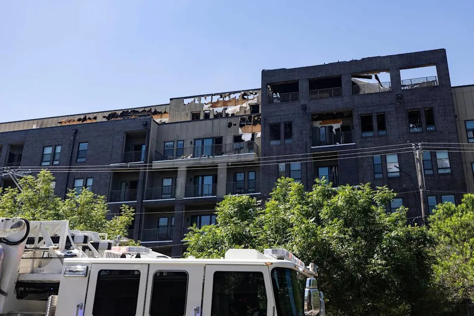 The fire-damaged portion of The Cooper apartments in Near Southside Fort Worth on Tuesday, June 24.