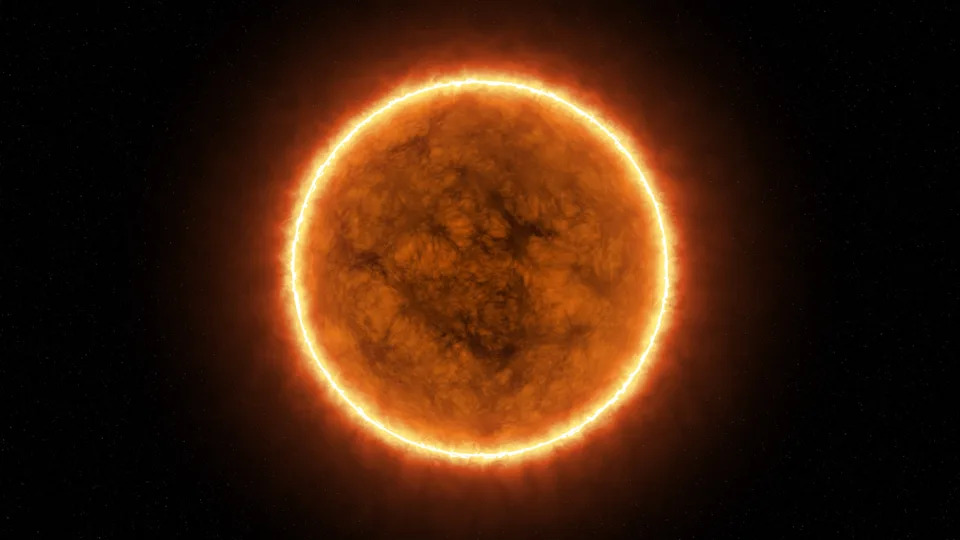 a realistic rendering of the sun glowing orange against a black background