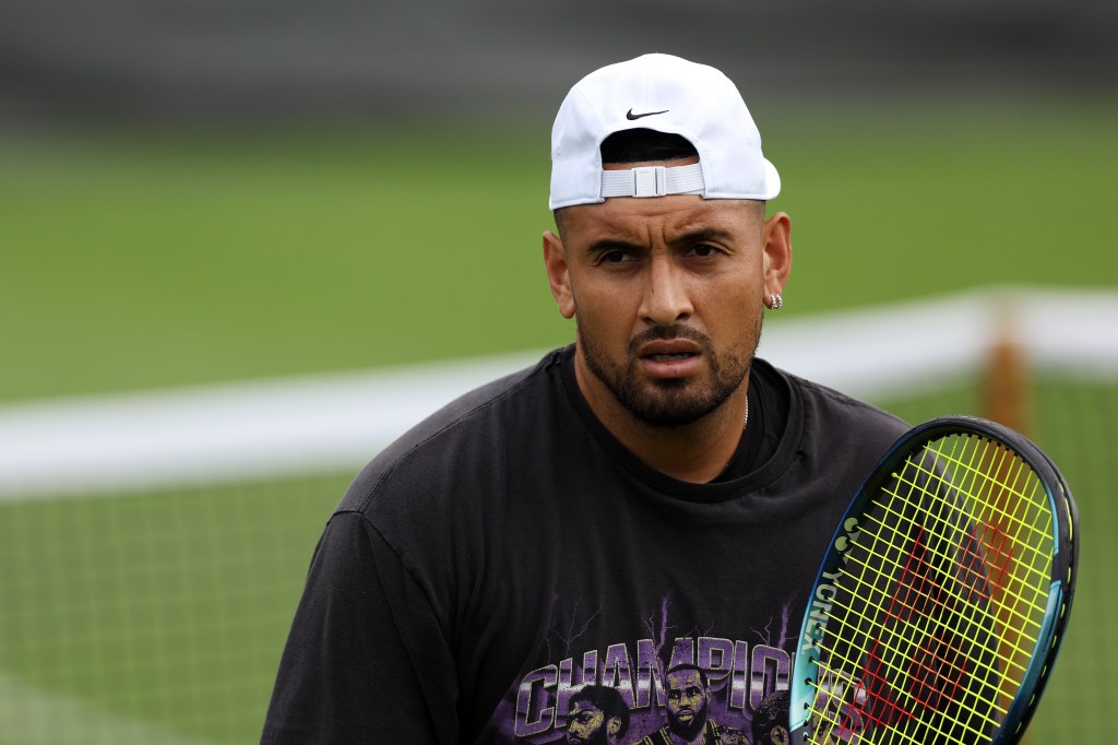 Nick Kyrgios of Australia looks on during a practice session ahead of The Championships - Wimbledon 2023 at All England Lawn Tennis and Croquet Club on July 02, 2023 in London, England.