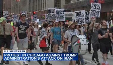 Dozens attend downtown Chicago protest at Federal Plaza against US strikes on Iran by Donald Trump administration