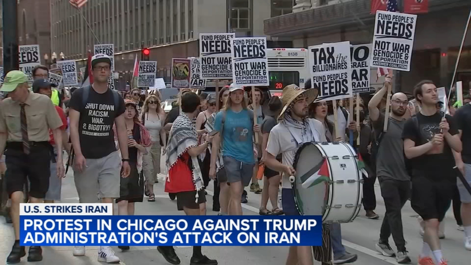 Dozens attend downtown Chicago protest at Federal Plaza against US strikes on Iran by Donald Trump administration