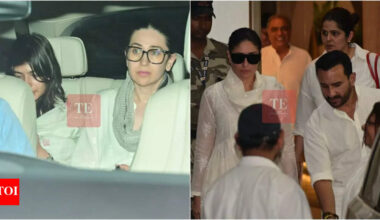 Karisma Kapoor looks visibly heartbroken as she returns to Mumbai with children, Saif Ali Khan and Kareena Kapoor Khan after attending Sunjay Kapur's prayer meet | Hindi Movie News
