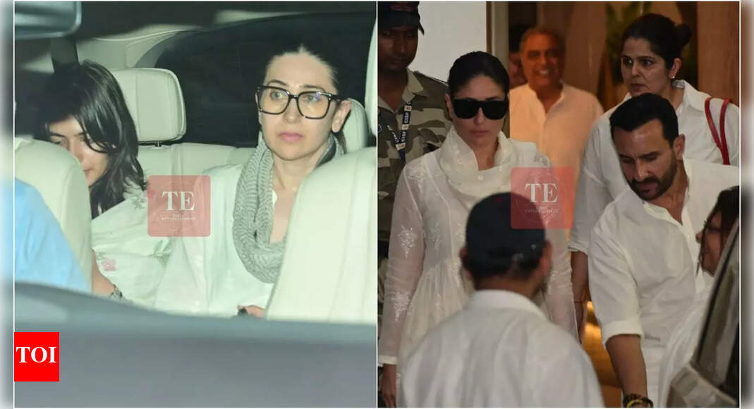 Karisma Kapoor looks visibly heartbroken as she returns to Mumbai with children, Saif Ali Khan and Kareena Kapoor Khan after attending Sunjay Kapur's prayer meet | Hindi Movie News