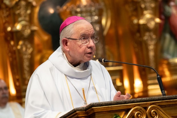 Archbishop José H. Gomez speaks during a Mass at Sacred...