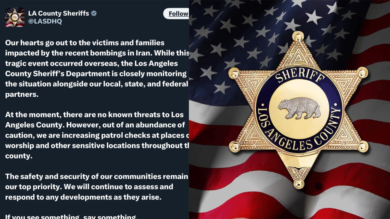 LA County Sheriff's Department posts, then deletes, condolence message on Iran bombings: ‘Our hearts go out’