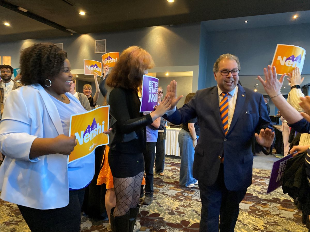 Alberta NDP Leader Naheed Nenshi is seen in Edmonton on June 23, 2025 on a night he was aiming to win a seat in a provincial byelection in Edmonton-Strathcona.