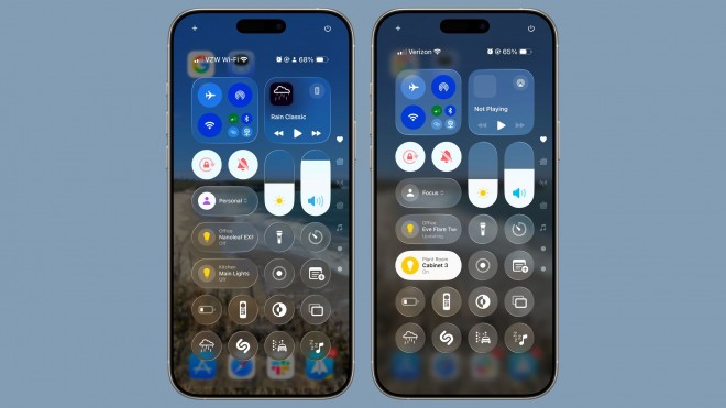 iOS 26 Control Center (‌iOS 26‌ beta 1 on left, ‌beta 2 on right)