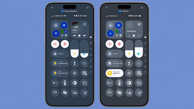 iOS 26 Reduce Transparency in Control Center (‌iOS 26‌ beta 1 on left, ‌beta 2 on right)