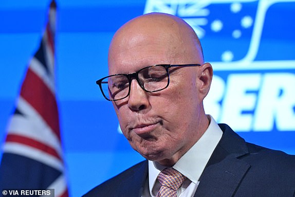 Leader of the Opposition Peter Dutton speaks at the function centre for the 2025 Federal Election, at the Federal Liberal Reception in Brisbane, Australia, May 3, 2025. AAP Image/Mick Tsikas/via REUTERS ATTENTION EDITORS - THIS IMAGE WAS PROVIDED BY A THIRD PARTY. NO RESALES. NO ARCHIVE. AUSTRALIA OUT. NEW ZEALAND OUT. NO COMMERCIAL OR EDITORIAL SALES IN NEW ZEALAND. NO COMMERCIAL OR EDITORIAL SALES IN AUSTRALIA.  14676231