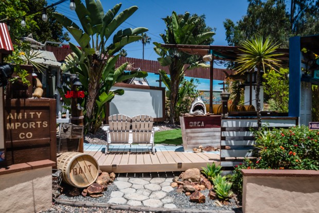 A Jaws inspired movie theater in Tiffany and Jared Marshall's backyard in Lakeside on May 30, 2025. (Ariana Drehsler / For The San Diego Union-Tribune)