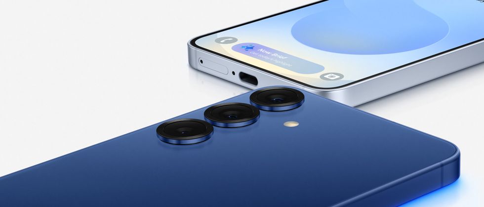 Galayx S25 lying on its side in blue with cameras and NOw Bar showing on-screen