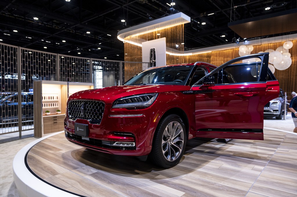Red Lincoln Aviator SUV on display at the Chicago Auto Show.