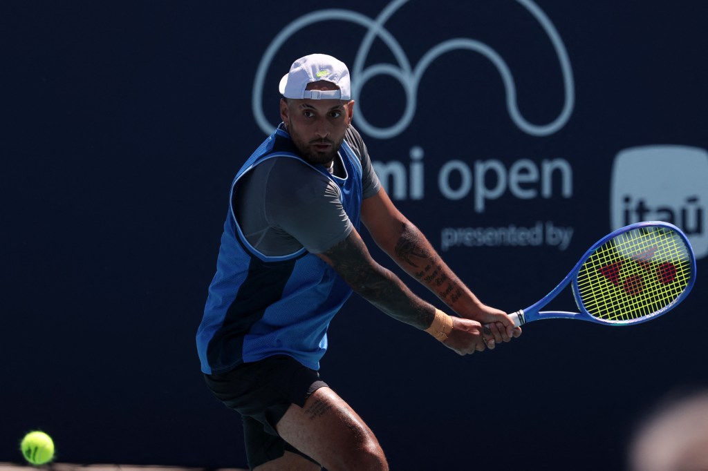 Nick Kyrgios (AUS) hits a backhand against Karen Khachanov (not pictured) on day four of the Miami Open at Hard Rock Stadium. 