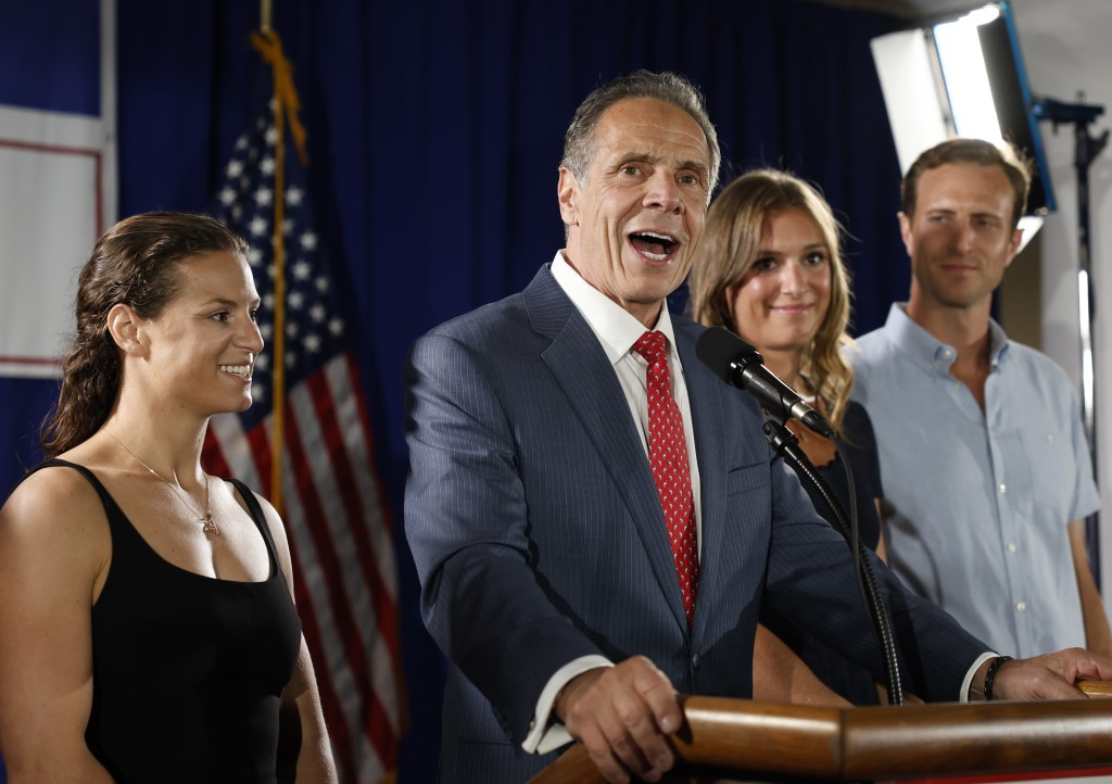 Andrew Cuomo giving a concession speech at his mayoral primary election night event.