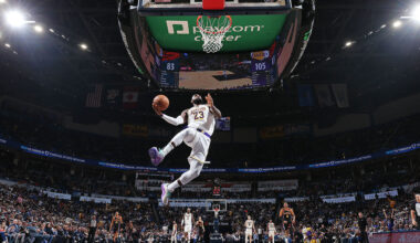 LeBron James of the Los Angeles Lakers dunks the ball during a game.