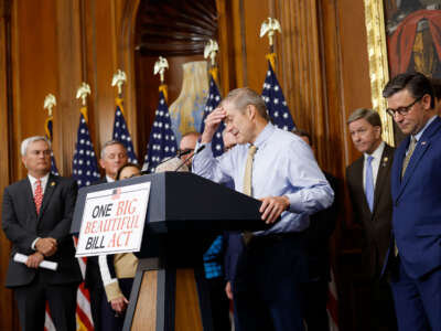 House Judiciary Committee Chairman Rep. Jim Jordan (center) speaks alongside Speaker of the House Mike Johnson at a news conference after the House narrowly passed a bill forwarding President Donald Trump's agenda at the U.S. Capitol on May 22, 2025, in Washington, D.C.