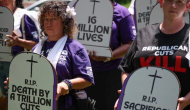 Care workers with the Service Employees International Union (SEIU) participate in a living cemetery protest to denounce the impact to patients, families, and workers if Republicans cut Medicaid, health care, and SNAP to pay for tax cuts for the wealthy at the U.S. Capitol on June 23, 2025, in Washington, D.C.