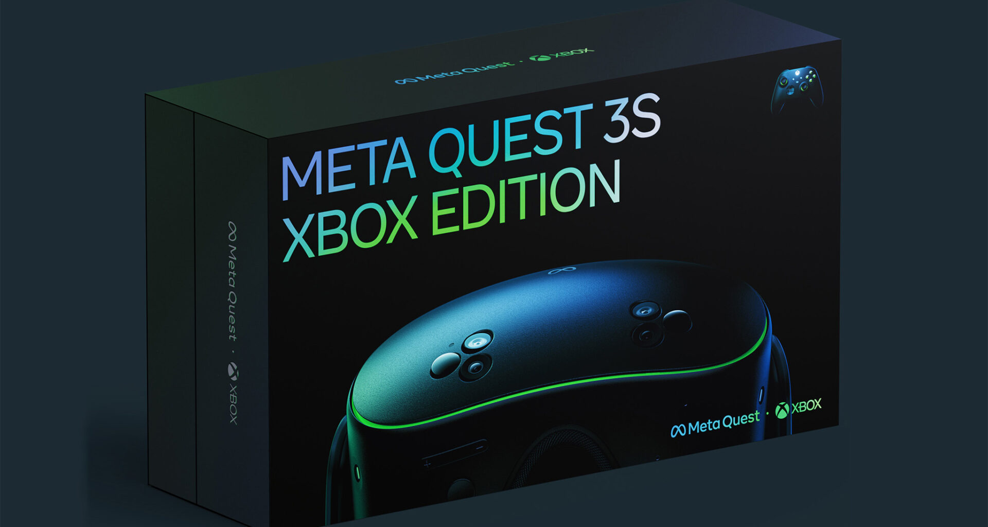 An official product render of the Meta Quest 3S Xbox Edition box