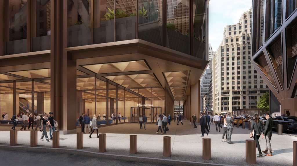 Illustration of 383 Madison Ave entrance with people walking by.