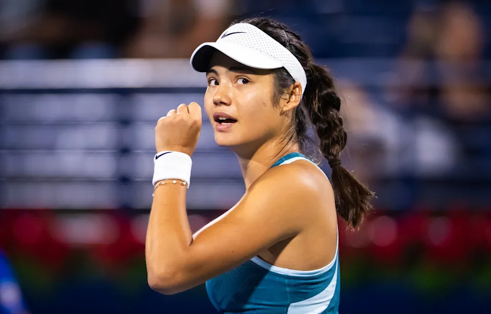DUBAI, UNITED ARAB EMIRATES - FEBRUARY 16: Emma Raducanu of Great Britain reacts while playing against Maria Sakkari of Greece during the first round on Day One of the Dubai Duty Free Tennis Championships, part of the Hologic WTA Tour at Dubai Duty Free Tennis Stadium on February 16, 2025 in Dubai, United Arab Emirates (Photo by Robert Prange/Getty Images)Robert Prange&sol;Getty Images