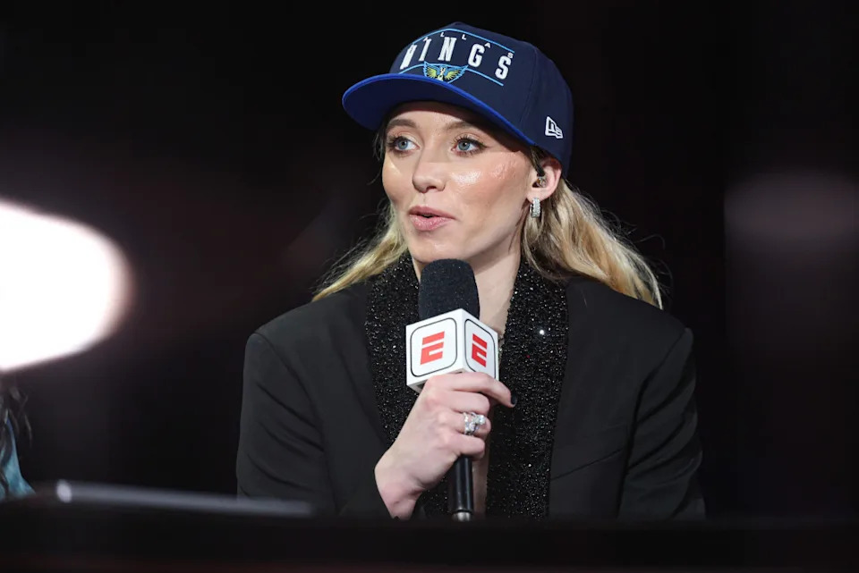 Apr 14, 2025; New York, New York, USA; Paige Bueckers is interviewed by ESPN after being selected with the number one overall pick to the Dallas Wings in the 2025 WNBA Draft at The Shed at Hudson Yards. Mandatory Credit: Vincent Carchietta-Imagn Images.Vincent Carchietta-Imagn Images&period;
