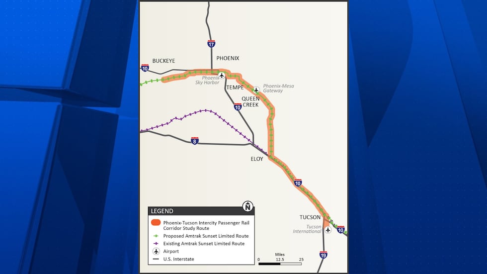 ADOT has released a map of the proposed passenger rail route between metro Phoenix and Tucson