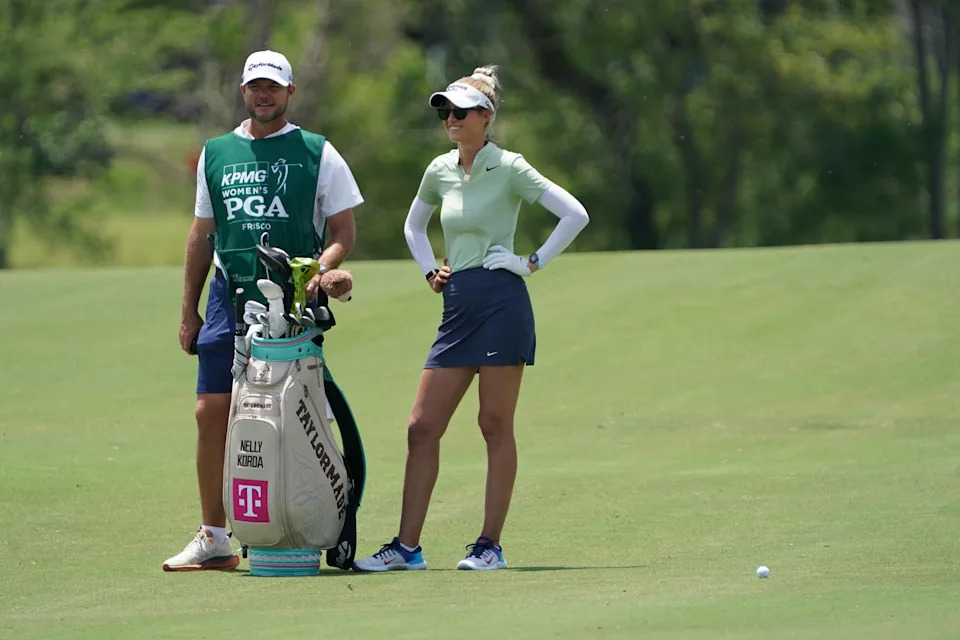 Jun 20, 2025; Frisco, Texas, USA; Nelly Korda waits to play her shot in the tenth fairway during the second round of the KPMG Women's PGA Championship. Mandatory Credit: Raymond Carlin III-Imagn Images