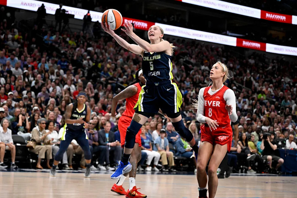 Dallas Wings guard Paige Bueckers and Indiana Fever guard Sophie Cunningham.Jerome Miron-Imagn Images