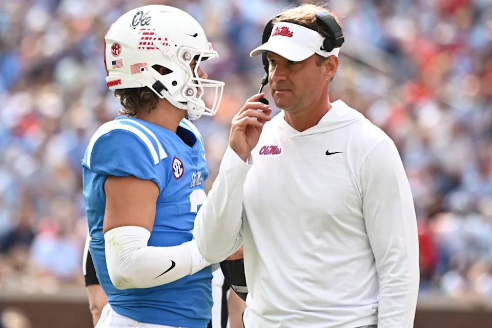 Former Ole Miss QB Jaxson Dart (left) with head coach Lane Kiffin (right).Matt Bush-Imagn Images